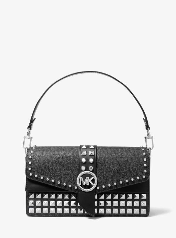 Damske Taška Cez Rameno Michael Kors Greenwich Medium Studded Logo Čierne - Kabelky Michael Kors Vypredaj | HXQSA-8041